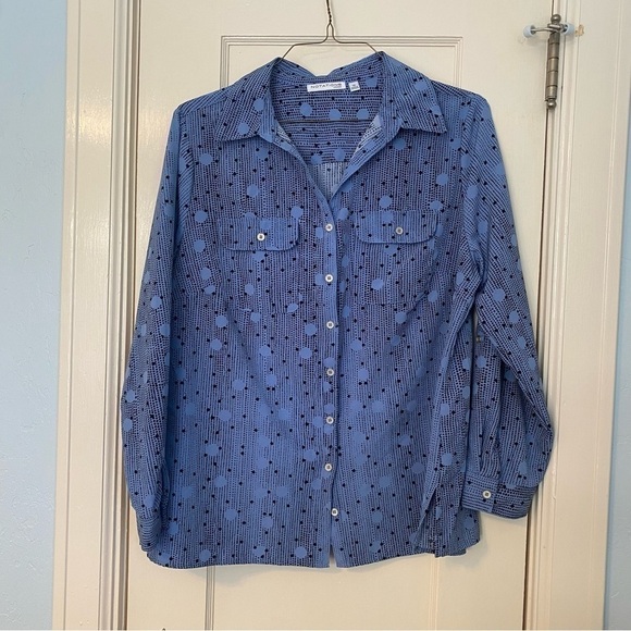 Notations Shirt Polka Dot Button Down w/ Roll Tab Sleeves & Pockets Top Size 1X - Picture 2 of 9